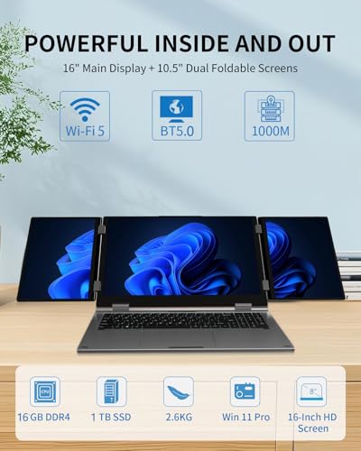 Triple Screen Laptop, 16" Main + Dual 10.5" Monitors, Core i7-12700H | 16GB RAM, 1TB SSD, Win 11 Pro, Wi-Fi 5, BT 5.0, Face & Fingerprint Unlock, USB-C, HDMI