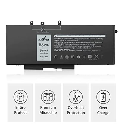 68Wh 7.6V GJKNX Battery Replacement for Dell Latitude 5480 5580 5280 5490 | 5590 5288 5488 E5480 E5580 E5490 E5590 Precision 3520 3530 Series GD1JP 0GD1JP DY9NT 0DY9NT 5YHR4 KCM82 0KCM82 451-BBZG - size: 11.85*5.67*1.26inch GJKNX