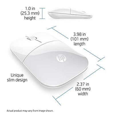 HP Z3700 Wireless Mouse, White, Slim, Multi-OS & Device Compatibility, 2.4 GHZ Connectivity, Multi-Surface Technology, Blue LED 1200 dpi Optical Sensor, Up to 16 Months Battery Life - color: White
