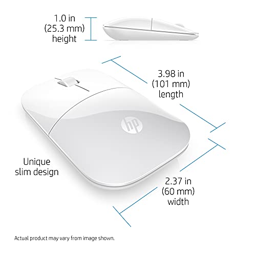 HP Z3700 Wireless Mouse, White, Slim, Multi-OS & Device Compatibility, 2.4 GHZ Connectivity, Multi-Surface Technology, Blue LED 1200 dpi Optical Sensor, Up to 16 Months Battery Life - color: White