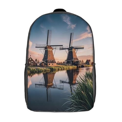 17-Inch Laptop Backpack Water-Resistant Dutch Windmill Daypack with Shoulder Strap Lightweight Casual Rucksack for Travel Commuter Hiking Outdoor Activities 20l Black