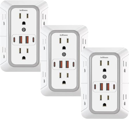 3 Pack Surge Protector Outlet Extender, 6 Outlet Splitter with 4 USB Ports (2 USB C), Multi Plug Wall Outlet 1050J Power Strip, USB Wall Charger for Home Office Kitchen Travel-ETL - color: White 3PCS