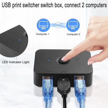 QIANRENON USB2.0 Printer Sharer Switcher 2 Port USB B Print Selector Switch Adapter, 2 Computer Share 1 Printer Manual Switcher, with LED Light, Including 2 * 1.5m Print Cable