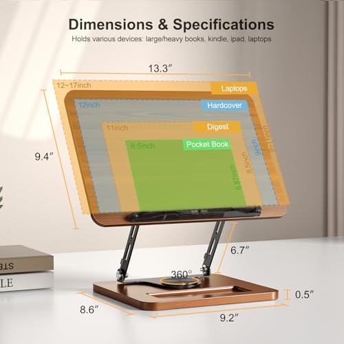 OPTIXCELL Book Stand for Reading, 360° Rotating Book Holder, Page Clips | Hands Free, Built-in Storage Tray, Adjustable Height Angle, Non-Slip, Foldable 13.3x9.4x1.9in, Fits Cookbook Tablet & Laptop - style: Book Stand