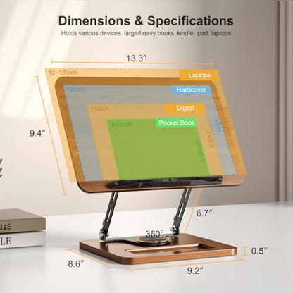 OPTIXCELL Book Stand for Reading, 360° Rotating Book Holder, Page Clips | Hands Free, Built-in Storage Tray, Adjustable Height Angle, Non-Slip, Foldable 13.3x9.4x1.9in, Fits Cookbook Tablet & Laptop - style: Book Stand