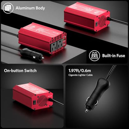 300W Power Inverter DC 12V to 110V AC Car Outlet Adapter with USB-C[PD65W] & USB-A[QC18W] Fast Charging Ports and Dual AC Outlets Car Power Inverter for Phone, Laptop on Road Trip (Red) (Red)
