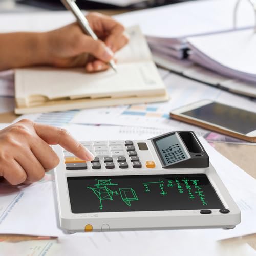 Solar Desk Calculator with 7.5 inc LCD Writing Membrane, 15° Tilt for Easy Reading, Integrated Phone Stand, Voice & Silent Modes, Anti-Slip Pads for Stability, Ideal for Office & Study Use