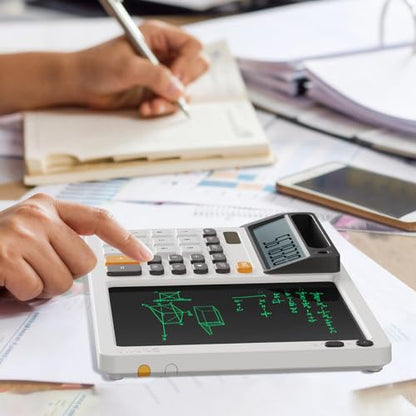 Solar Desk Calculator with 7.5 inc LCD Writing Membrane, 15° Tilt for Easy Reading, Integrated Phone Stand, Voice & Silent Modes, Anti-Slip Pads for Stability, Ideal for Office & Study Use