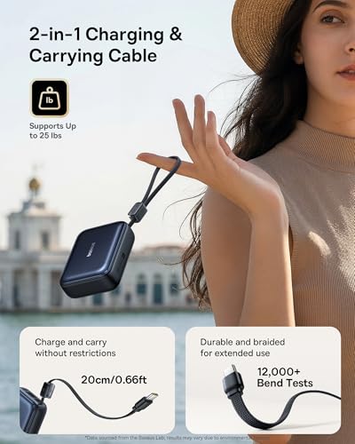 Baseus PicoGo AC22 Mini Power Bank, 20000mAh 45W PD Portable Charger Built-in USB-C Cable, Travel Essential Compact Battery Pack, Fast Charging Battery Bank for iPhone 17/16/15 Samsung S25 Pixel iPad - size: 20000mAh