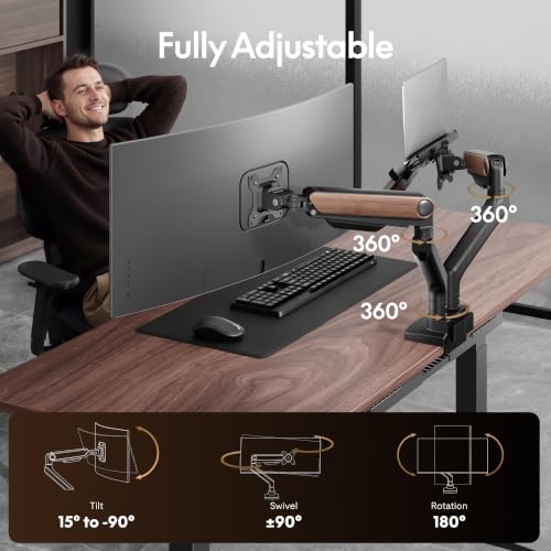FlexiSpot Laptop Mount, Dual Monitor Arm with Laptop Tray, Fits Up to 49 Inch Monitor and 17.3 Inch Notebook, Full Adjustable Gas Spring Holds up to 44lbs per Arm for Office & Home, Wood Grain - color: Wood Grain, size: Max 44 lbs per arm