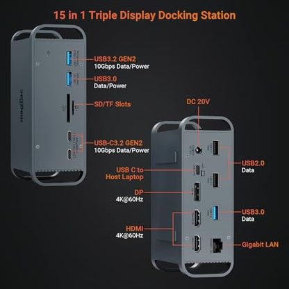 USB C Docking Station Triple Monitor, Laptop Docking Station with Dual 4K@60Hz HDMI, 4K@60Hz DP, 8 USB A/C Ports, 1000Mbps Ethernet, SD/TF Card Slot, 100W AC Power Adapter for Hp Dell Windows Laptops