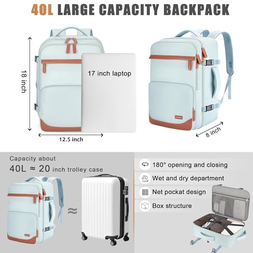 40L Travel Backpack, Flight Approved Carry On Laptop Backpack | Water-resistant, Personal Item Travel Bag, Fits 15.6/17.3 inch Laptop, Hiking, Camping, Business, Commute, Men & Women - color: Blue, size: Large