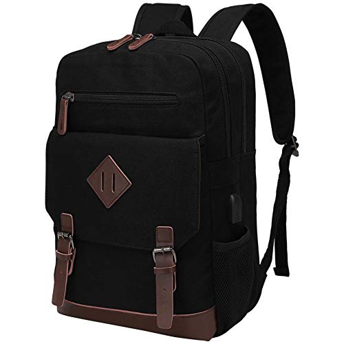 Vintage Canvas Backpack with USB Charging Port, Bag Fits 15.6 Inch Laptop | Canvas backpack with USB charging port, bag for daily commuting and short-distance travel - color: Black