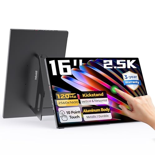 Intehill 16" 2.5K Touchscreen Portable Monitor, 120Hz Portable Gaming Monitor w/HDR & Freesync, 16:10 Display with Full Laminated Tempered Glass, Touch Screen Travel Monitor for Laptop, T16KB (Black) - color: Carbon Black