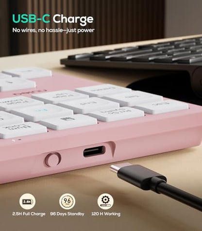Nulea Wireless Number Pad Bluetooth 5.0 & 2.4G Portable Numeric Keyboard, USB-C Rechargeable, 34-Keys Bluetooth Keyboard for Data Entry (Pink) - color: B-Pink