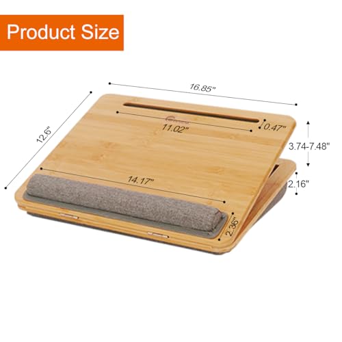 Adjustable Bamboo Lap Desk with Cushion - 5 Tilting Angles Ergonomic Laptop Bed Tray for Computers 15 inches or Less, Phone & Tablet Holder Slot, Dual Bolster for Comfort on Couch, Bed, Sofa & Car - size: 12.6" x 16.8" Angle Adjust