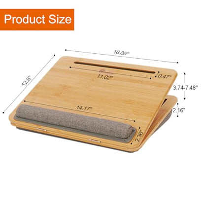 Adjustable Bamboo Lap Desk with Cushion - 5 Tilting Angles Ergonomic Laptop Bed Tray for Computers 15 inches or Less, Phone & Tablet Holder Slot, Dual Bolster for Comfort on Couch, Bed, Sofa & Car - size: 12.6" x 16.8" Angle Adjust
