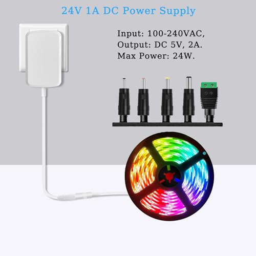 24V Power Supply Withe, AC 100-240V to DC 24 Volt 1A 24W Adapter. | DC 24V Power Cord Class 2 with 5 Tips, for LED Light Strip, String Lights, Soundbar, Massage Gun and More.
