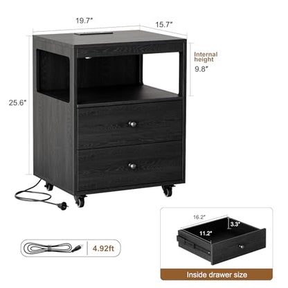 Bedroom Nightstand with Charging Station, Side Table with 2 Drawers,Sofa End Table Living Room with Wheels for Living Room Bedroom Office(Black) - color: [A2] Black