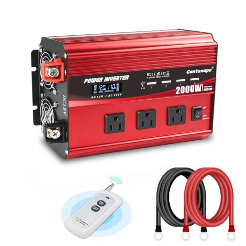 Cantonape 2000W Power Inverter 12V to 110V/120V DC to AC with LCD Display, Remote Controller 3 x AC Outlets and 4 x 3.1A USB Car Adapter for Car Truck Boat RV Solar System - size: 2000W-12V