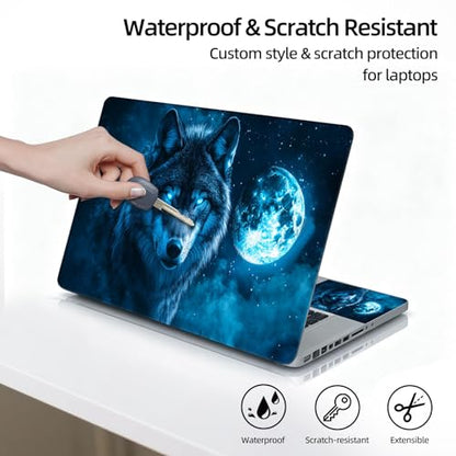 Universal Laptop Skin Sticker Decal, 12"-15.6" Aesthetic Vinyl Wrap, Blue Wolf with Glowing Moon Waterproof Notebook Cover Art Protector for MacBook HP Dell Lenovo, Fits 13" 14" 15" 15.6" - color: Blue Wolf with Glowing Moon