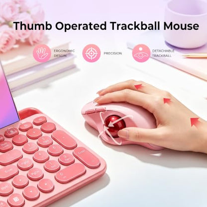 seenda Wireless Trackball Mouse, Ergonomic Bluetooth Rollerball Mouse,Pink | USB-C rechargeable, 3-device Bluetooth+2.4G USB, thumb control, 5-level DPI and space-saving comfort for laptop, PC and Mac. - color: Pink