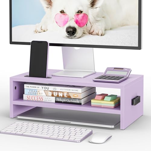 BONTEC Wooden Monitor Stand Riser for Desk, 2-Tier Computer Monitor Stand | 66 lbs Desk Shelf Organizer with Storage, Laptop & Printer Stand with Phone Holder and Cable Management, Purple, 16.5 Inch - color: PURPLE, size: 16.5 Inch
