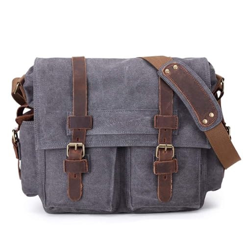 Sechunk Vintage Military Leather Canvas Laptop Bag Messenger Bags Medium - color: Grey, size: small--13‘’