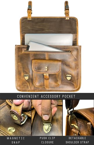Leather Messenger Bag for Men - 16 Inch Laptop Briefcase, Office Satchel | Fits 16" Laptop & Documents, Top-handle, Removable Shoulder Strap, Brass Fittings, Luggage Sleeve, Organized Pockets - color: Brown