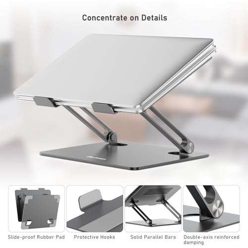 BoYata Laptop Stand, Adjustable Metal Desktop Riser, Up to 15 Inches, Gray | Slide-Proof Silicone Pads and Protective Hooks Provide Stable Support for MacBook, Notebooks and Laptops up to 15 Inches - color: Space Gray
