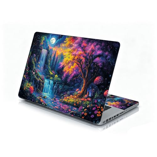 Universal Laptop Skin Sticker Decal, 12"-15.6" Aesthetic Vinyl Wrap, Enchanted Forest Waterfall Moon Waterproof Notebook Cover Art Protector for MacBook HP Dell Lenovo, Fits 13" 14" 15" 15.6" - color: Enchanted Forest Waterfall Moon