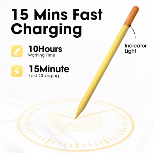 Stylus Pen for iPad 2018-2026, 15-Min Fast Charging with LED Battery Indicator, Palm Rejection, Tilt Sensitivity, Magnetic Pencil for iPad 6th-11th Gen, Air M4/M3/M2, Pro M5/M4, Mini 7/6/5, Yellow - color: Yellow