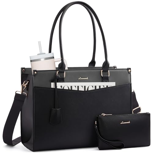 LOVEVOOK Laptop Bag for Women, 2-in-1 Tote Purse with Clutch & Cup Holder, Waterproof Briefcase for Work Travel - color: Black-grey, size: 15.6 inch