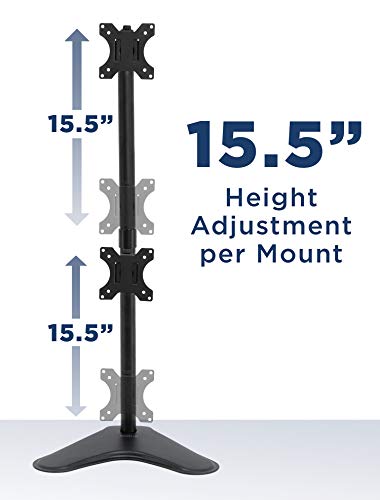 Mount-It! Vertical Dual Monitor Stand, Freestanding Stacked Monitor Mount for 2 Screens 17–32", Height Adjustable, Tilt Swivel Rotate, Portrait or Landscape, Holds 17.6 lbs per Arm, No Desk Clamp Needed
