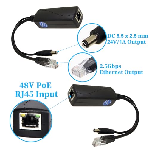 2.5G PoE Splitter 24V/1A, 48V PoE to DC 24V/1A 24W Output, DC 5.5 * 2.5mm Plug, 2.5Gbps Ethernet Comply IEEE802.3af/at, Plug and Play for IP Camera, Smart Home(PS5724TG-25) - style: (PS5724TG-25) 24V/1A 5.5 * 2.5mm