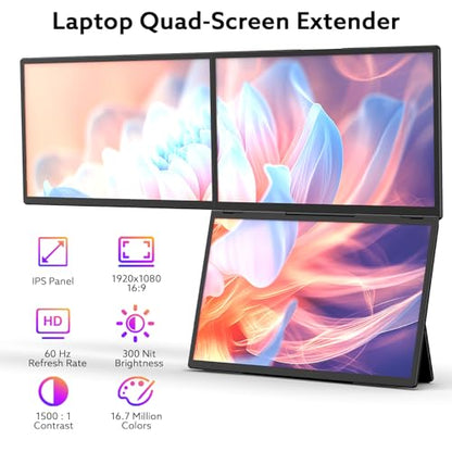 18.5'' Portable Triple Monitor, One Cable Connection Laptop Screen Extender, Quad Monitor Setup, Built-in Stand Compatible with Windows Mac Laptop(Driver Need)