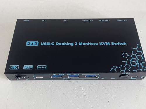 2 Laptops 3 Monitors KVM Switch 2 Port MST Dual USB-C Docking KVM Switches Triple Monitor Support Max 10Gbps USB Transfer Dual 4K@60Hz & One 1080P@60Hz Video Output, 100W PD Charging