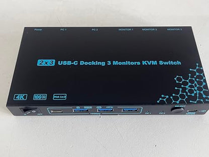 2 Laptops 3 Monitors KVM Switch 2 Port MST Dual USB-C Docking KVM Switches Triple Monitor Support Max 10Gbps USB Transfer Dual 4K@60Hz & One 1080P@60Hz Video Output, 100W PD Charging