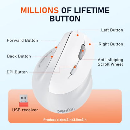 MEETION Ergonomic Wireless Vertical Mouse, Rechargeable, Gray | Bluetooth 5.2 + 3.0 and USB connectivity, RGB backlight, 4 DPI adjustment, compatible with Windows, Mac, Android, PC and iPad - color: Right Gray