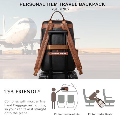 Leather 17 inch Laptop Backpack for Women, Large Travel Backpack Purse for Casual Daypack College Work Bag - color: Black With Brown and White