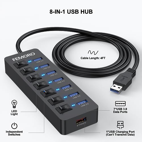 Powered USB Hub 4ft Cord for PC, 7 USB3.0 Data Ports and 1 Smart Charging Port with Power Adapter & Individual Switches for MacBook Pro/Air/Neo Laptop Desktop Computer Mini PC