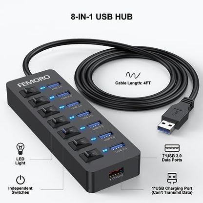 Powered USB Hub 4ft Cord for PC, 7 USB3.0 Data Ports and 1 Smart Charging Port with Power Adapter & Individual Switches for MacBook Pro/Air/Neo Laptop Desktop Computer Mini PC