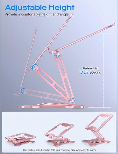 JCZT 360° Rotating Laptop Stand for Desk, Metal Foldable Laptop Riser Pink | Ergonomic Portable Adjustable Laptop Stand, Ventilated Cooling Notebook Holder for MacBook Air Pro, All 10-16'' Laptops - color: Pink
