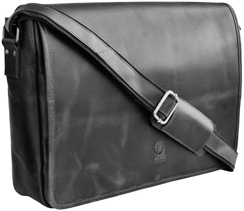 Leather Messenger Bag for Men - 16 Inch Full Grain Vintage Laptop Satchel | Crossbody Office Bag Fits 16" Laptop, Quick Access Pockets, Adjustable Shoulder Strap, Magnetic Closure, Travel Trolley Strap - color: Black