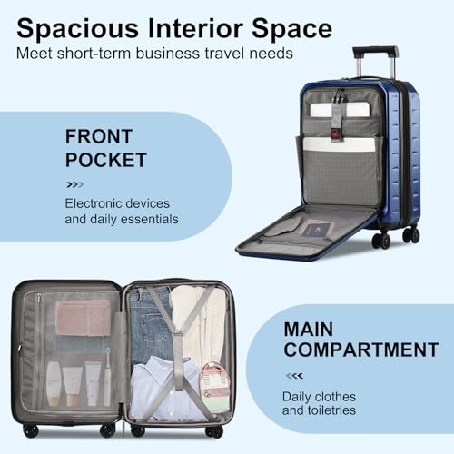 CENSIEN Expandable 20" Carry On Luggage Airline Approved with Front Pocket | Front Opening with Laptop Pocket,Lightweight ABS+PC Hard Shell Suitcases,360° Spinner Wheels,TSA Lock,YKK Zipper,Blue - color: Navy Blue, size: 20 Inch EXT