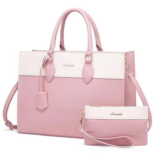 LOVEVOOK Laptop Tote Bag for Women, Work Totes Business Office Computer Briefcase with Clutch Purse - color: Beige-pink, size: 15.6 inch