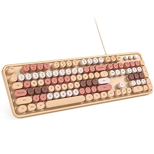 MOWUX Computer Keyboard Wired, Plug Play USB Retro Round Typewriter Keyboard, Full Size Wired Keyboard with Foldable Stands for Laptop and Office PC- Milk Tea Colorful - color: Milk Tea