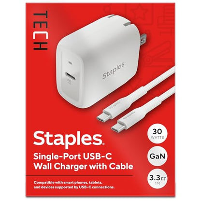 Staples TECH GaN USB-C Wall Charger with Cable, 30W, White, Fast Charging Power Adapter for Phones/Tablets - style: 30 Watt