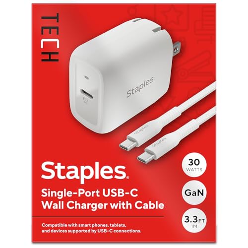 Staples TECH GaN USB-C Wall Charger with Cable, 30W, White, Fast Charging Power Adapter for Phones/Tablets - style: 30 Watt