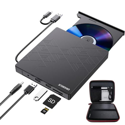 ORIGBELIE External CD DVD Drive, CD Burner USB 3.0 with 2 USB Ports and 2 TF/SD Card Slots, Optical Disk Drive for Laptop Mac, PC Windows 11/10/8/7 Linux OS with Carrying Case - size: 5.98" x 5.5" x 0.6"